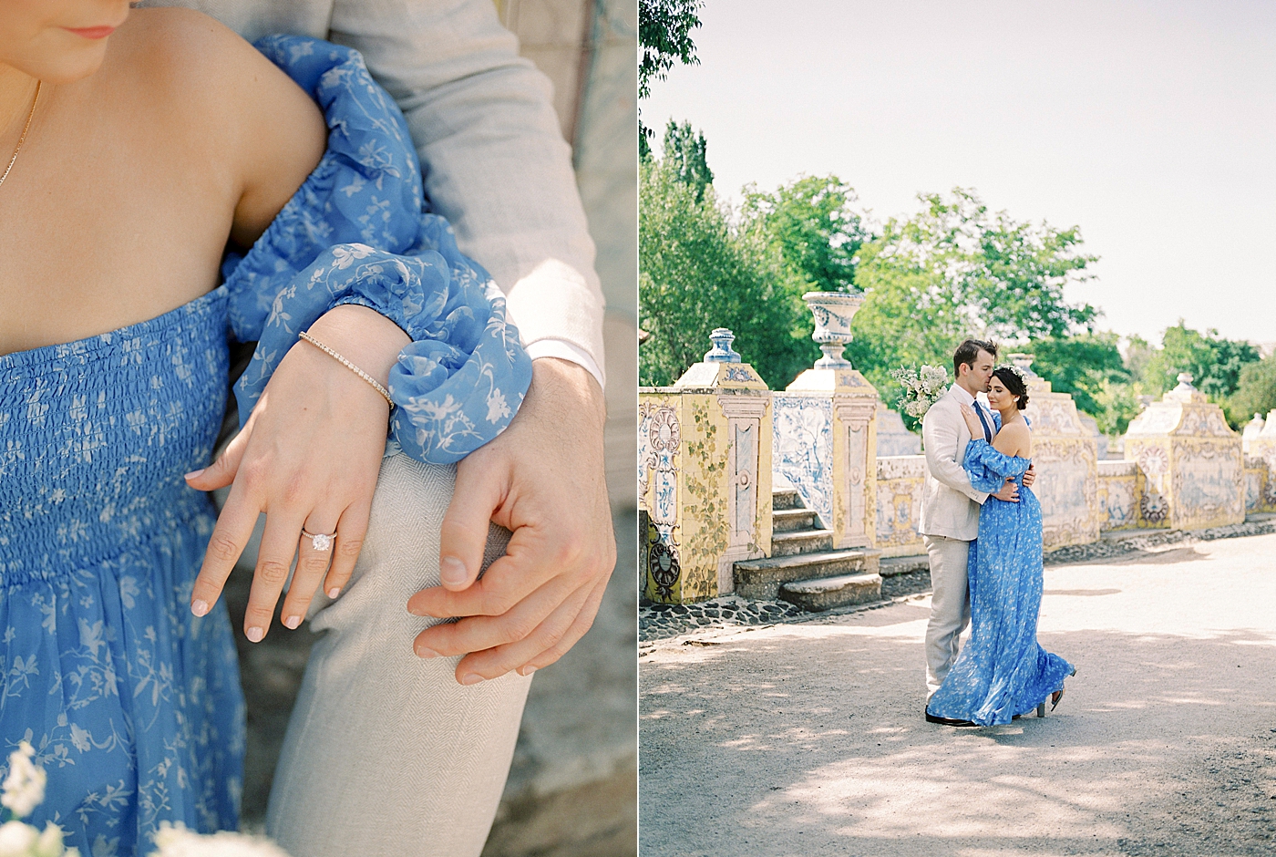 Detail of bride to be wearing engagement ring wearing a blue dress | Photo by Diane Sotero 